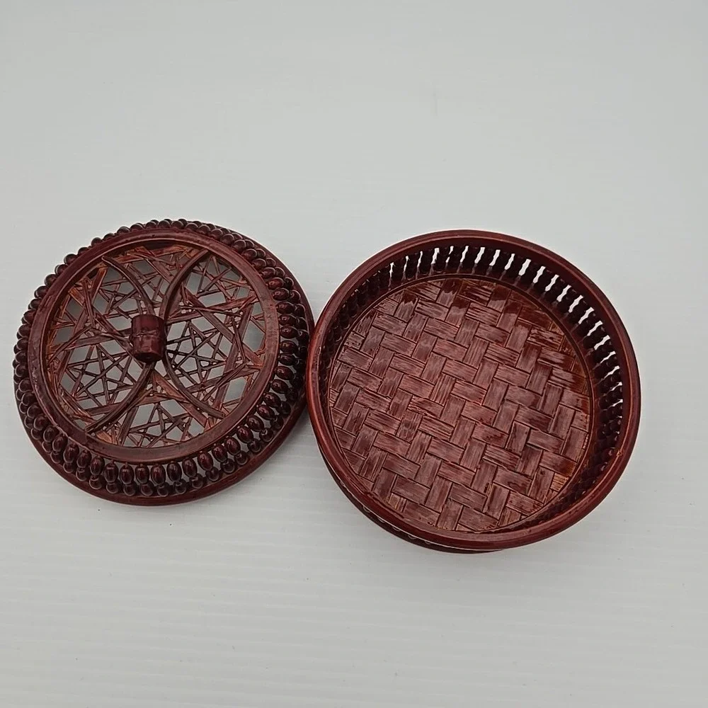 Vintage Red Tone Lacquered Bamboo Tea Basket Trinket‎ Box